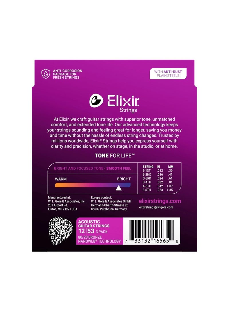 Elixir Acoustic 80/20 Bronze Guitar Strings with NANOWEB® Technology - Light 12-53 - 3 Pack - Image 2