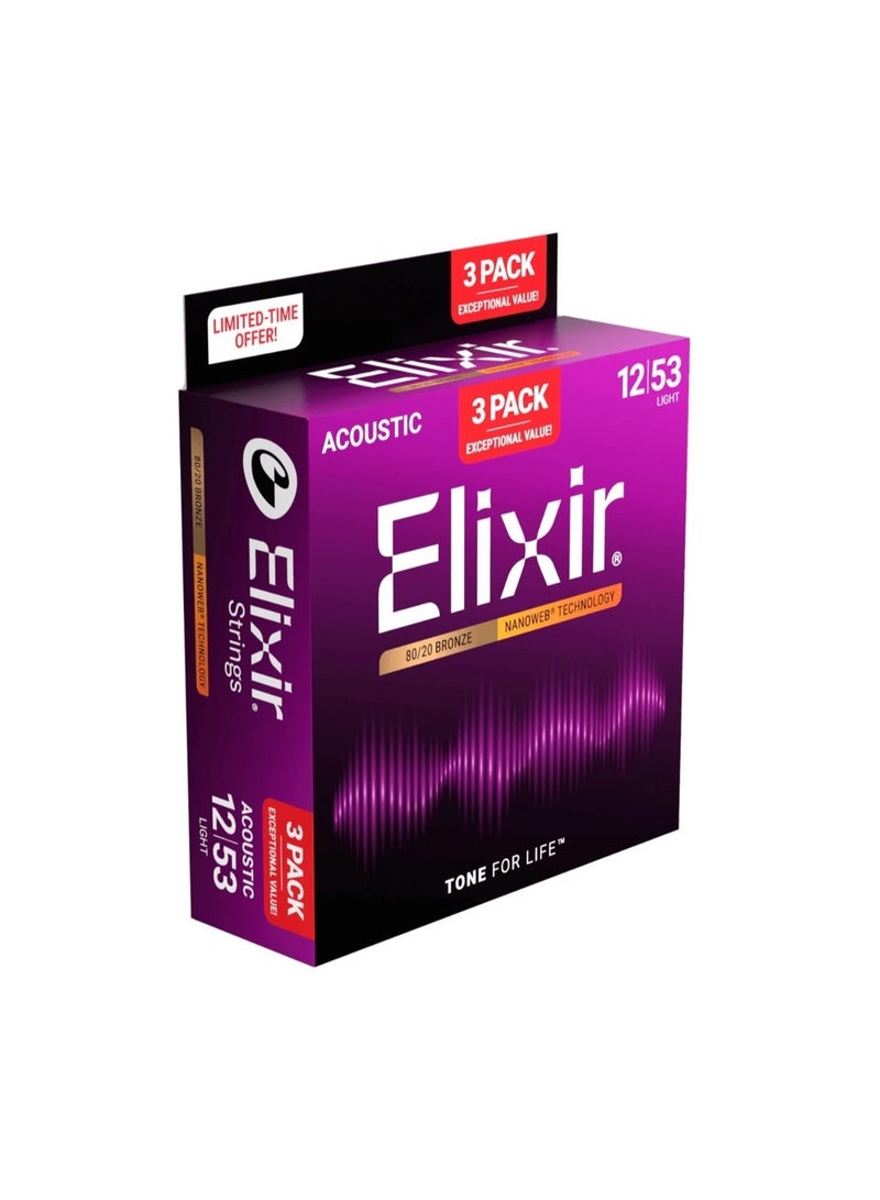 Elixir Acoustic 80/20 Bronze Guitar Strings with NANOWEB® Technology - Light 12-53 - 3 Pack - Image 3