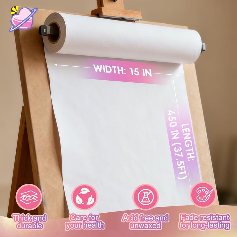 PH PERKHOMY PerkHomy Craft Paper Roll 15" x 450" Kraft Paper White Easel Paper Roll for Kids Moving Gift Wrapping Art Bulletin Board Paper Floor Covering Bouquet Flower Packing Painting Drawing Poster Chart Paper - Image 2
