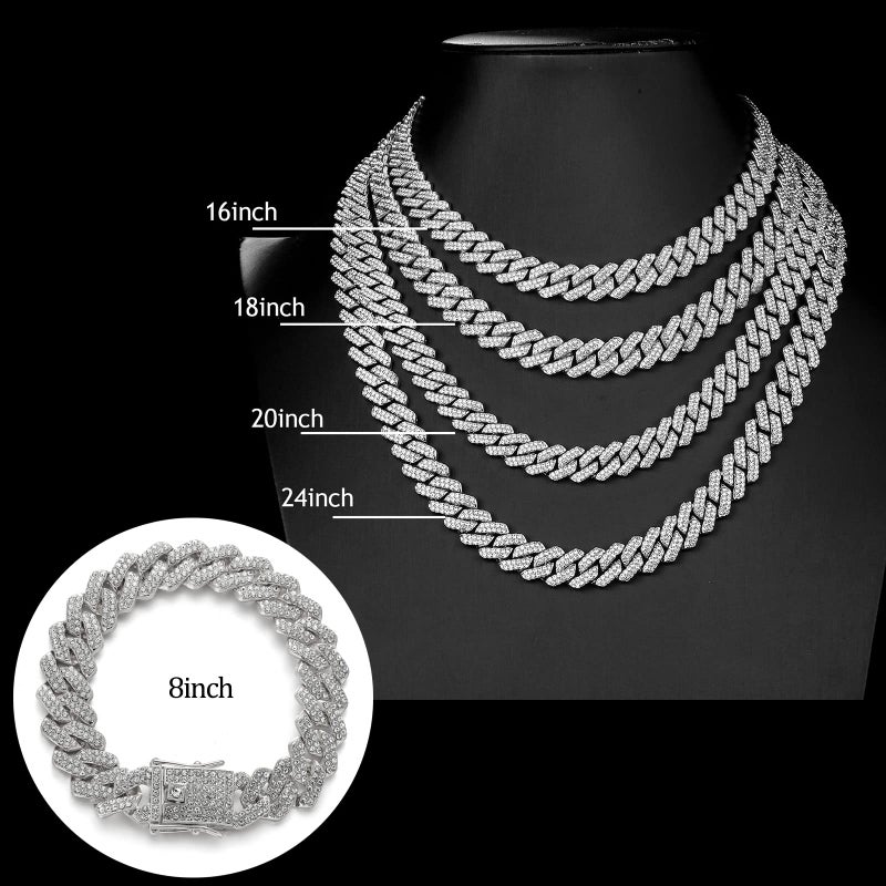 JUNVirtuous 2 Pieces Cuban Link Chain Mens Iced Out Miami Cuban Necklace and Bracelet Silver Bling Diamond Hip Hop Jewelry for Men and Women (Silver, 8" Bracelet and 24" Necklace) - Image 3