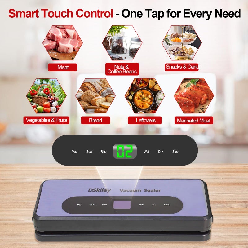 DSkiley Vacuum Sealer Machine for Food Preservation, 80kPa Powerful Suction, Builtâ€‘in Cutter & Starter Kit, Dry & Moist Modes, Digital Countdown, Compact Design, Keep Food Fresh 6X Longer - Image 3