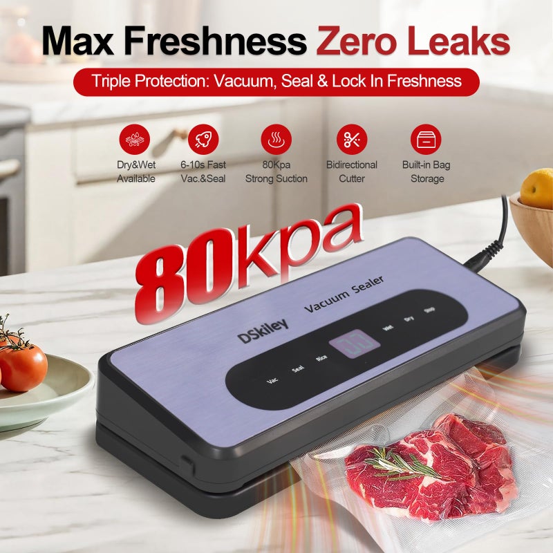 DSkiley Vacuum Sealer Machine for Food Preservation, 80kPa Powerful Suction, Builtâ€‘in Cutter & Starter Kit, Dry & Moist Modes, Digital Countdown, Compact Design, Keep Food Fresh 6X Longer - Image 2