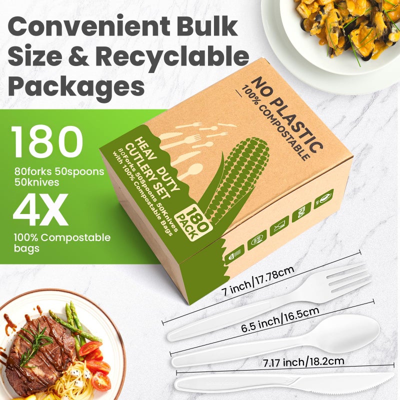 EZYLINKER 180Pcs Reusable Utensils Cornstarch Made - Heavy Duty Compostable Forks 80, Compostable Spoons 80, & 50 Knives Set - 100% Disposable Eco Friendly Flatware for Party, Wedding, BBQ, Camping (180 Pack) - Image 2