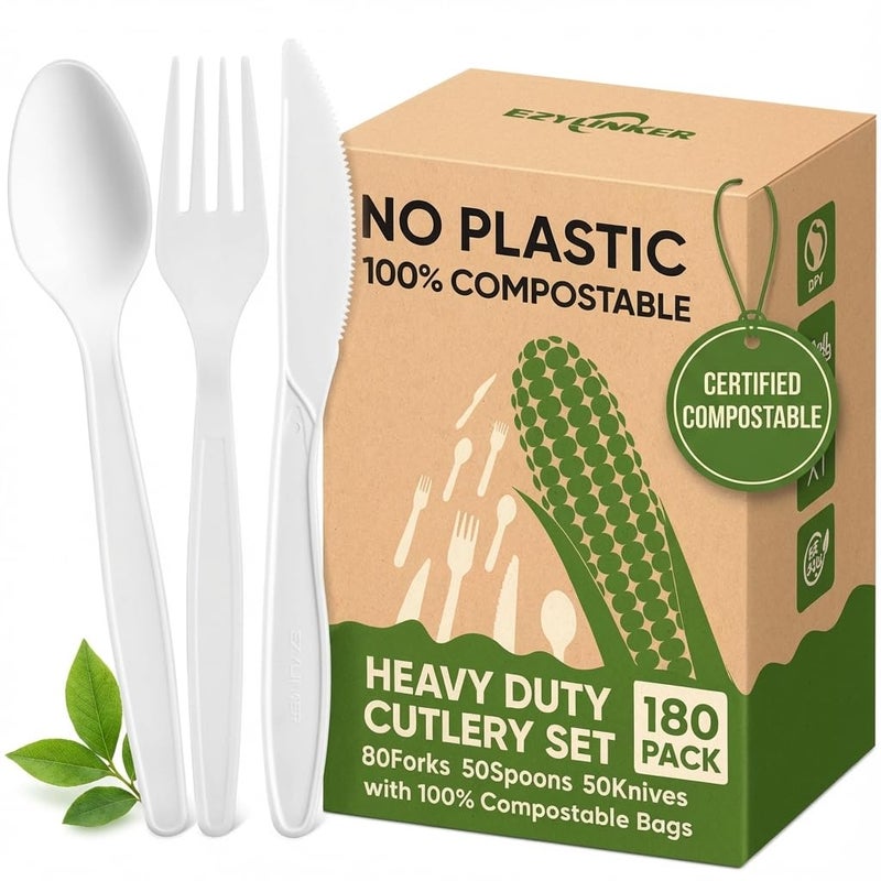 EZYLINKER 180Pcs Reusable Utensils Cornstarch Made - Heavy Duty Compostable Forks 80, Compostable Spoons 80, & 50 Knives Set - 100% Disposable Eco Friendly Flatware for Party, Wedding, BBQ, Camping (180 Pack) - Image 1