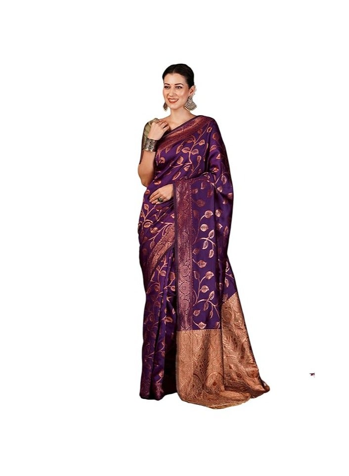 مملكة الإكسسوارات ساري كانجيفارام ناعم من باناراسي جاكار للنساء من مجموعة أكسسورايز كينجدوم مع قطعة بلوزة غير مخيطة - Image 1