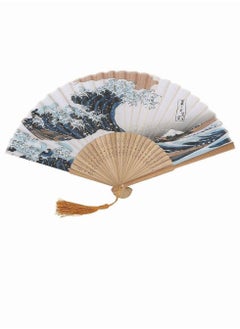 SYOSI Folding Hand Held Fan, Elegant Janpanese Style Painted Waves Retro Bamboo Folding Fan Home Office Decoration, Handmade Landscape Silk Folding Fan Kanagawa Fan for Women Girls Dance Performance  - Image 1