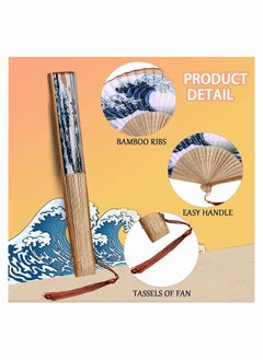SYOSI Folding Hand Held Fan, Elegant Janpanese Style Painted Waves Retro Bamboo Folding Fan Home Office Decoration, Handmade Landscape Silk Folding Fan Kanagawa Fan for Women Girls Dance Performance  - Image 4