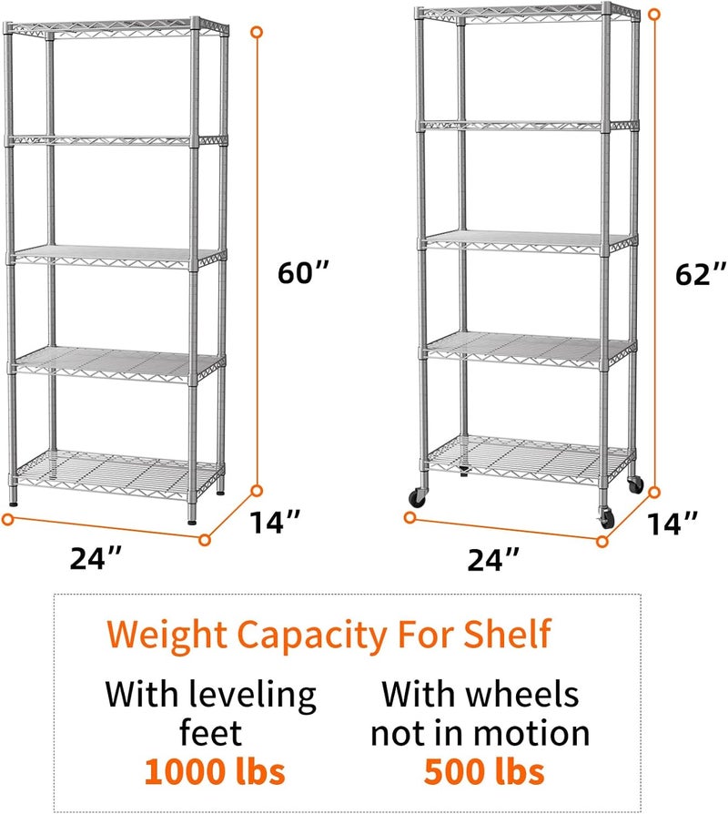 SINGAYE 5 Shelves Storage Shelf Wire Closet Bathroom Organizers Metal Pantry Kitchen Garage Shelving Unit Laundry Room Organization Home Rack Net Basket White with Wheels - Image 2