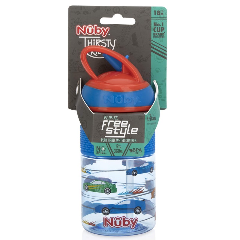 Nuby زجاجة ماء نوبى للأطفال العطشى Flip-it Freestyle سعة 12 أونصة مع قشة صلبة مقاومة للعض، سيارات زرقاء - Image 3