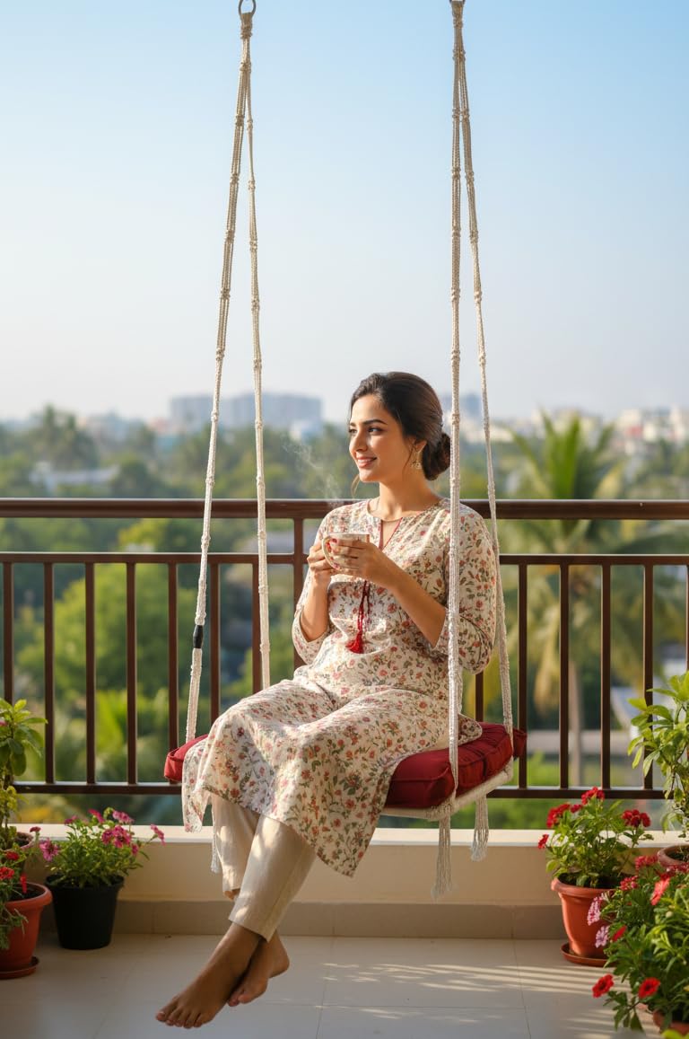 Patiofy Swing for Adults for Home/Swing for Balcony, Living Room, Swing Chair with Red Cushion/Hanging Hammock Swing (White) - Image 1