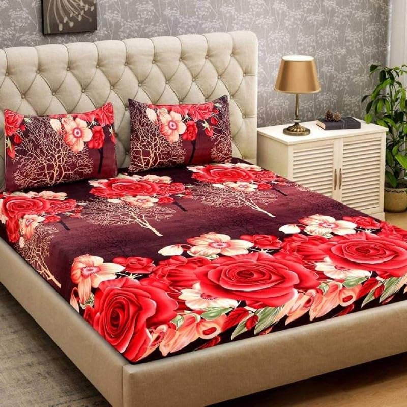 CLICKCART Polycotton Prime Collection Ultrasoft Skin Friendly Printed Flat Double Bedsheet with 2 Pillow Covers 90 x 90 Inch Maroon with Red Roses 3D1  - Image 1