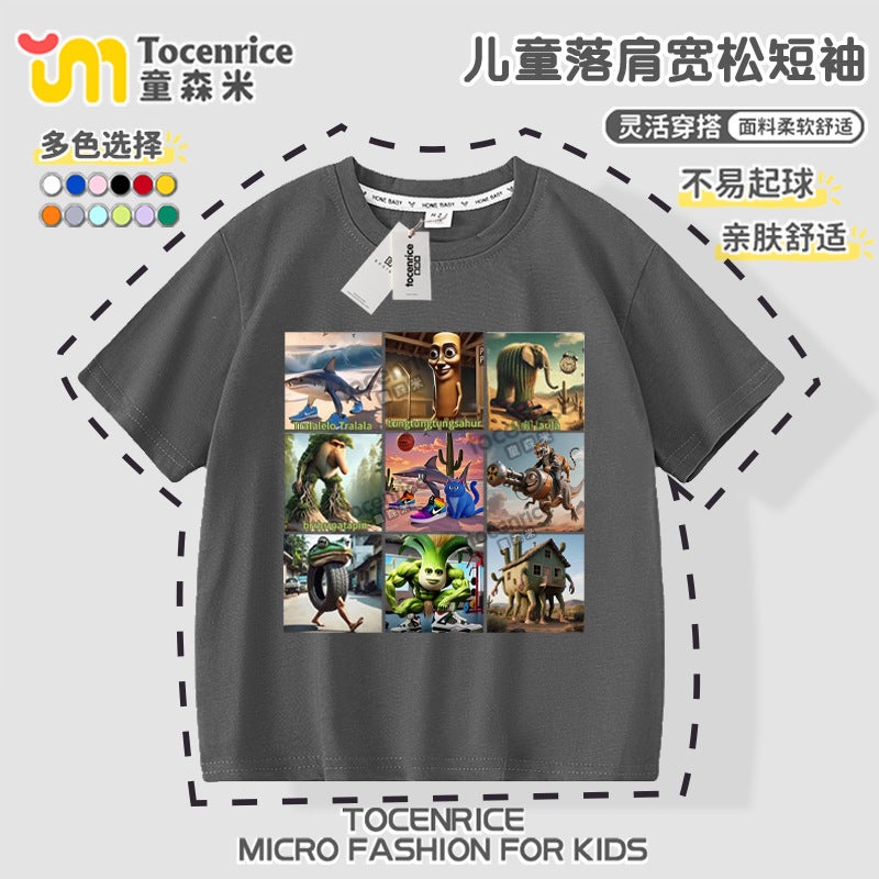 Wooden Stick Clothes Children'S Short Sleeve T-Shirt Tungtungsahur All Elder Brother Abstract Foreign Mountain Sea Sutra Children'S Clothing Tide - Image 1