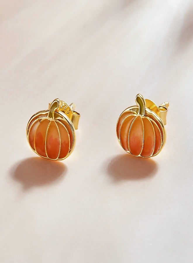 BISAER Pumpkin Earrings for Women Pumpkin Stud Earring Hypoallergenic Small Cute 925 Sterling Silver Gold Plated Jewelry - Image 2