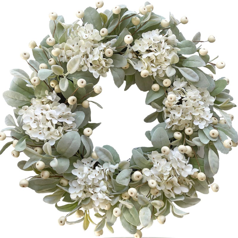 Idyllic 22 Inch Lambs Ears Leaves Everyday Wreath with Ivory Hydrangea and Cream Berries Spring Summer Greenery Wreath with Burlap Ribbon Bow Knot for Doors Rustic and Farmhouse Style Home Decor