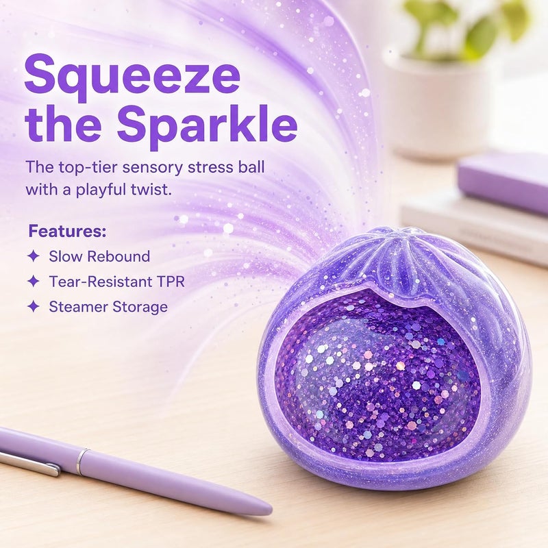 ALANX Glitter Dumpling Squishy - Colorful Stress Fidget Toy with Mini Bamboo Steamer - Image 4