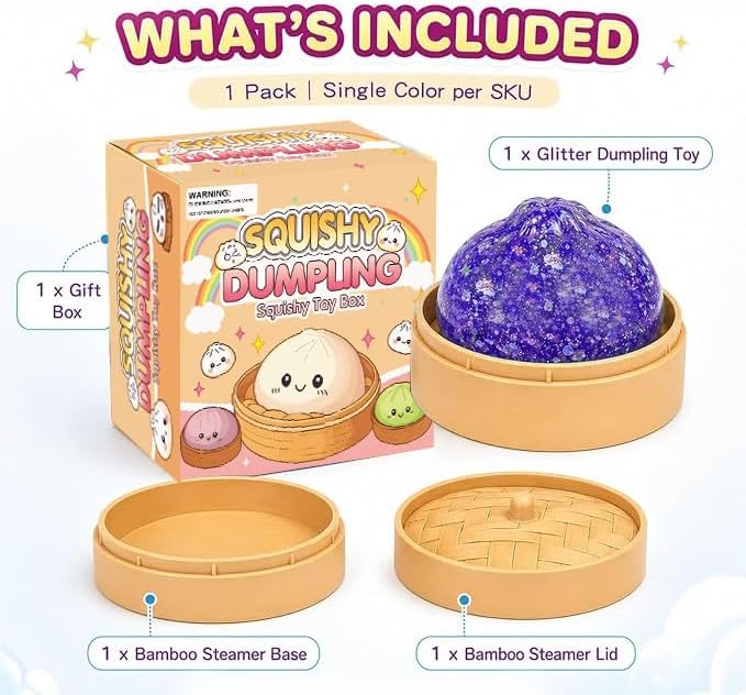 ALANX Glitter Dumpling Squishy - Colorful Stress Fidget Toy with Mini Bamboo Steamer - Image 2