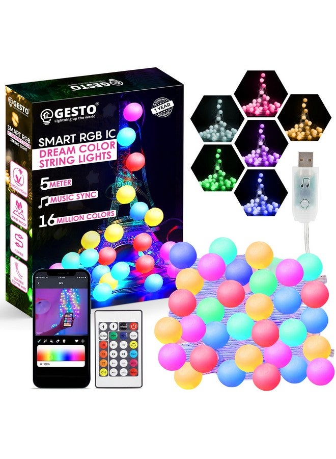 Gesto أضواء خيطية على شكل كرة Gesto 5V - أضواء LED ذكية متزامنة مع الموسيقى عبر USB مع تحكم عن بُعد وتطبيق، أضواء خيالية تتغير ألوانها RGB (5 متر، 33 LED، متعددة الألوان) - Image 1