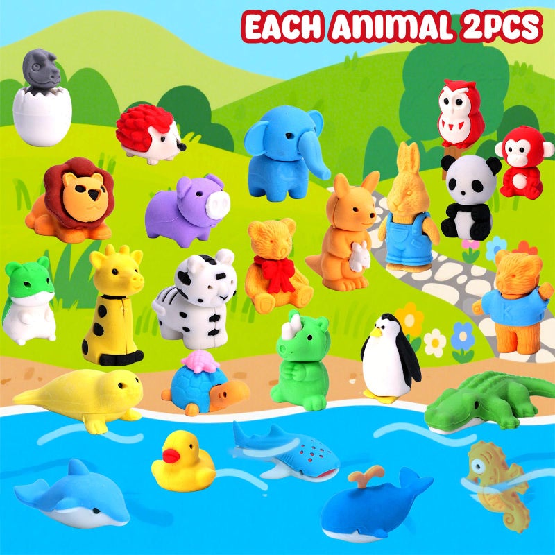 3 otters 50 Pack Animal Erasers for Kids, Desk Pets Classroom Prizes Treasure Box Toys Game Reward for School, Mini Fun Cute Erasers for Gag Gift Goodie Bag Stuffers Kids Party Favors - Image 2