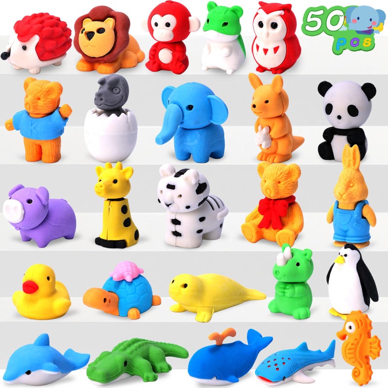3 otters 50 Pack Animal Erasers for Kids, Desk Pets Classroom Prizes Treasure Box Toys Game Reward for School, Mini Fun Cute Erasers for Gag Gift Goodie Bag Stuffers Kids Party Favors - Image 1