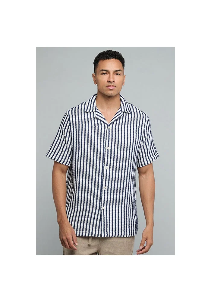 R&b Striped Shirt with Revere Collar and Short Sleeves