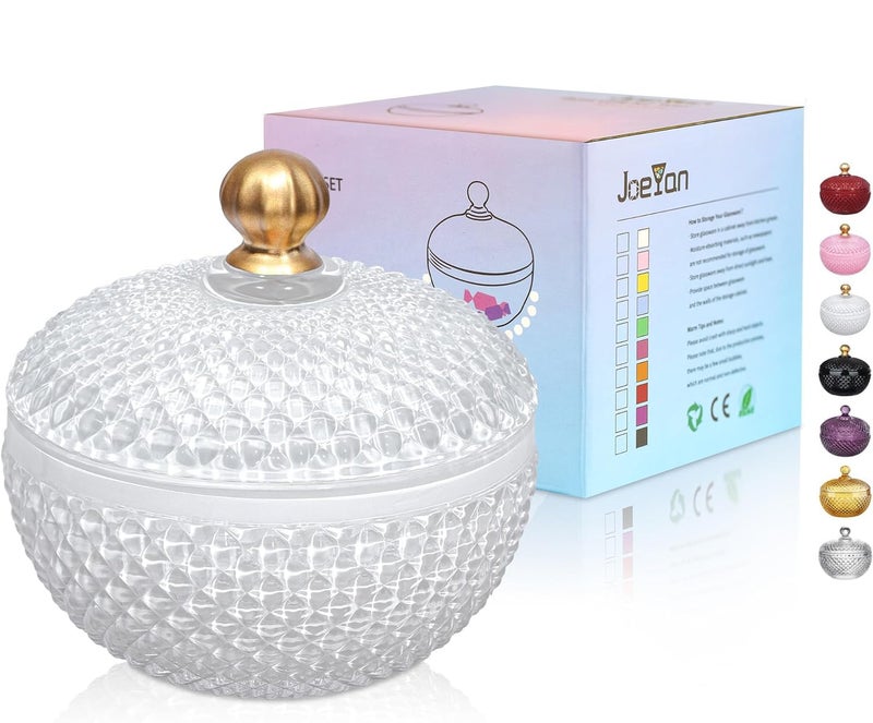 Joeyan 12 oz Small White Glass Jars with Lid,Embossed Glass Candy Dishes,Diamond Faceted Food Container,Decorative Jewelry Box Apothecary Canisters,Colored Kitchen Bathroom Buffet Storage Organizer - Image 1