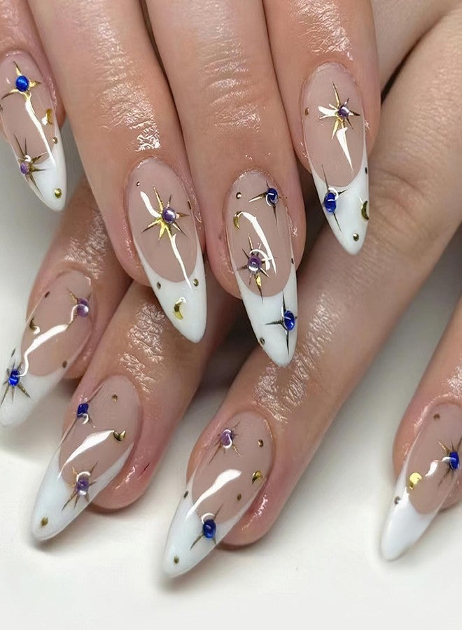 Jremg White French Tip Press on Nails Medium Almond Star Fake Nails with Rhinestone Design 3D Reusable Glue on Nails Glossy Artificial Acrylic Full Cover Stick on Nails for Women Manicure 24Pcs - Image 1