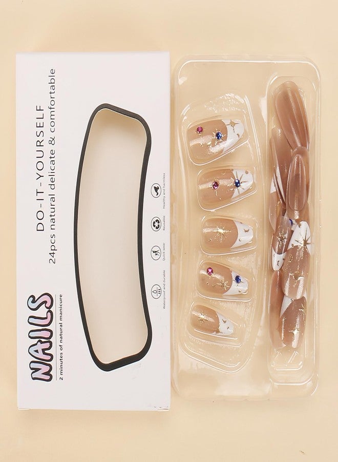 Jremg White French Tip Press on Nails Medium Almond Star Fake Nails with Rhinestone Design 3D Reusable Glue on Nails Glossy Artificial Acrylic Full Cover Stick on Nails for Women Manicure 24Pcs - Image 5