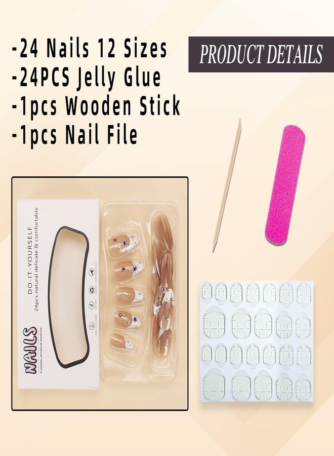 Jremg White French Tip Press on Nails Medium Almond Star Fake Nails with Rhinestone Design 3D Reusable Glue on Nails Glossy Artificial Acrylic Full Cover Stick on Nails for Women Manicure 24Pcs - Image 2
