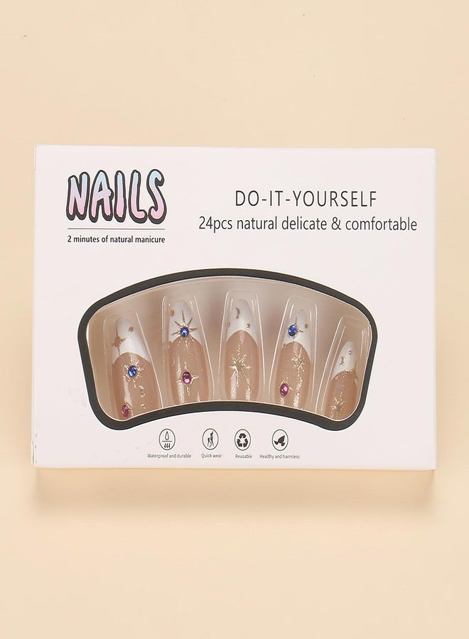 Jremg White French Tip Press on Nails Medium Almond Star Fake Nails with Rhinestone Design 3D Reusable Glue on Nails Glossy Artificial Acrylic Full Cover Stick on Nails for Women Manicure 24Pcs - Image 4