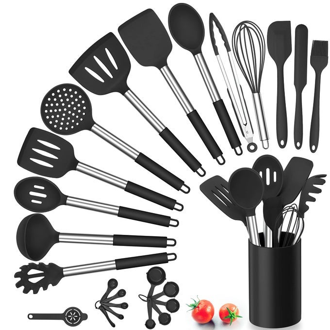 SILICONE KITCHEN UTENSILS SET 25 PCS COOKING UTENSIL WITH HOLDER HEAT RESISTANT KITCHEN TOOLS WITH STAINLESS STEEL HANDLE FOR NONSTICK COOKWARE TURNER SPATULA SPOON TONG BRUSH WHISK BLACK