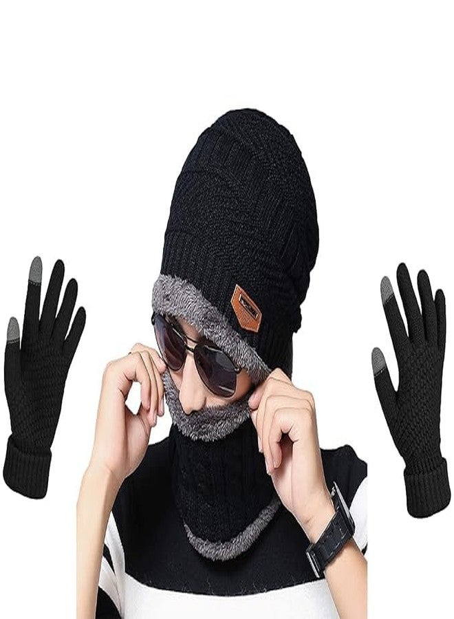 Sument Winter Beanie Hat Set with Neck Warmer and Touchscreen Gloves, Fleece Lined, Black - Image 2