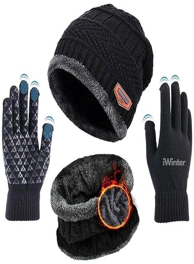 Sument Winter Beanie Hat Set with Neck Warmer and Touchscreen Gloves, Fleece Lined, Black - Image 1