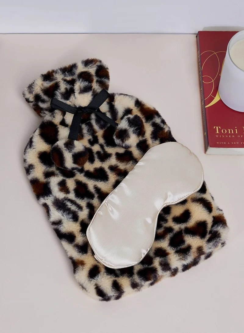 Aroma Home Leopard Faux Fur Hot Water Bottle & Satin Eye Mask Set