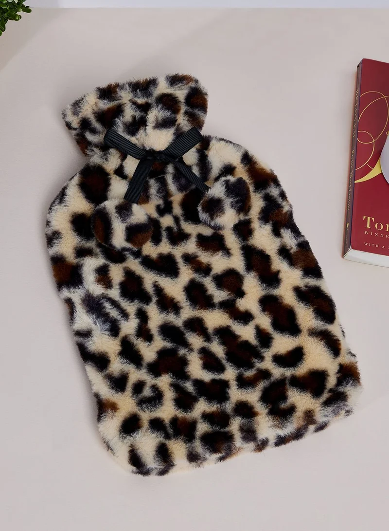 Aroma Home Leopard Faux Fur Hot Water Bottle & Satin Eye Mask Set