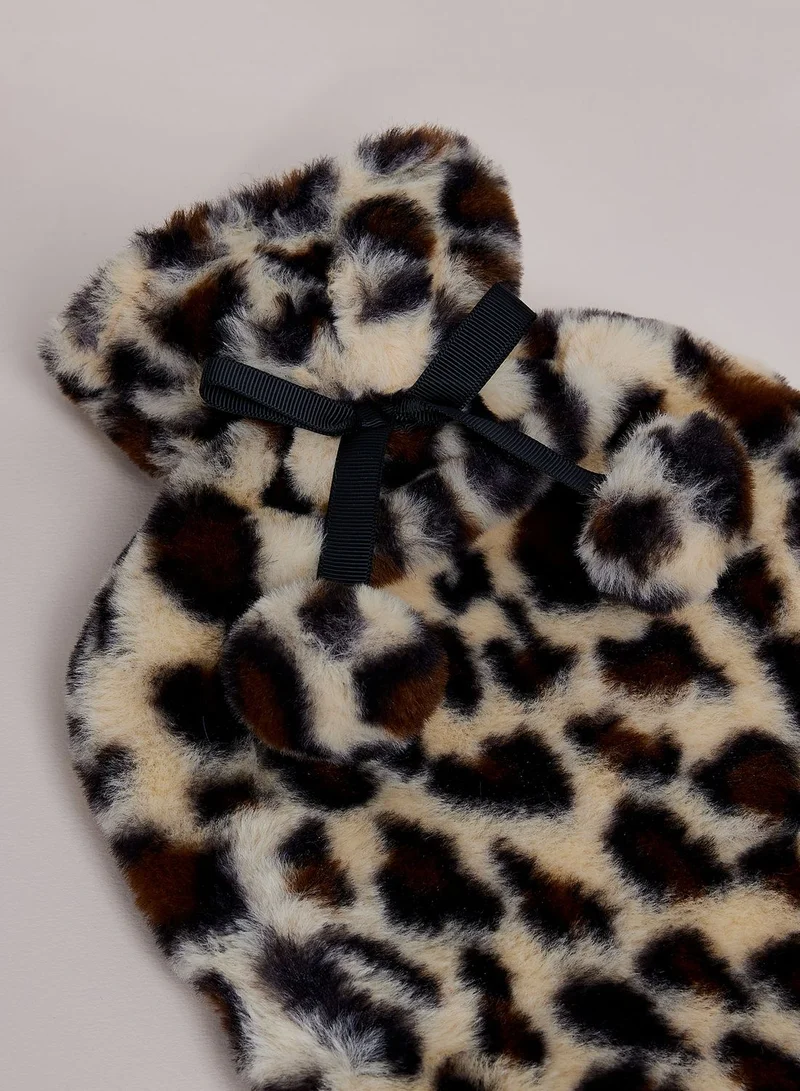 Aroma Home Leopard Faux Fur Hot Water Bottle & Satin Eye Mask Set