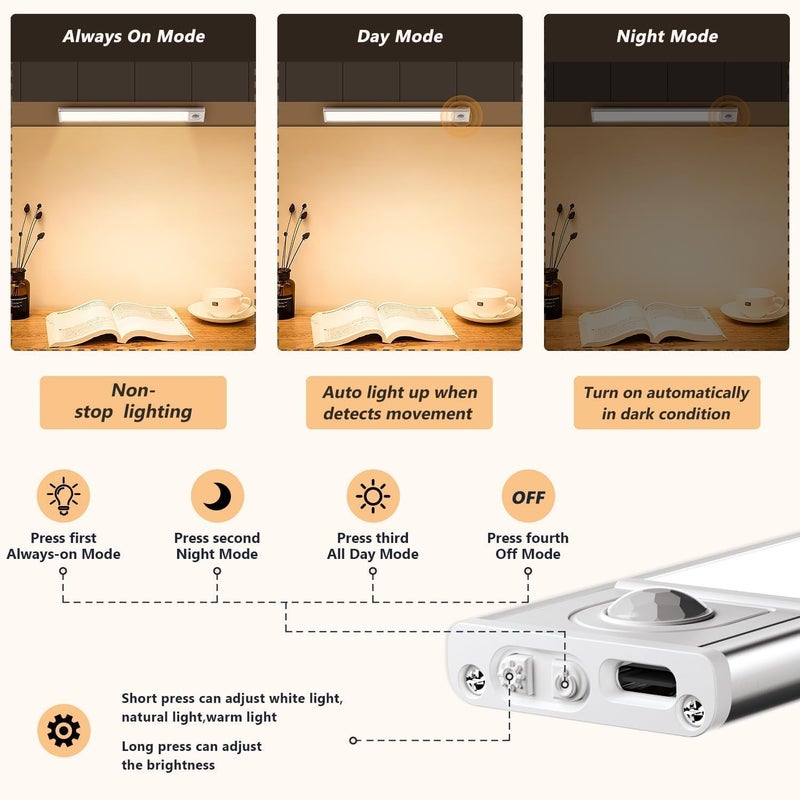 LED Motion Sensor Under Cabinet Light, 2 Pack Magnetic Rechargeable Under Counter Closet Lights, 3-Color Dimmable Night Light Bar for Kitchen, Staircase, Wardrobe, Hallway, Study Light - Image 4