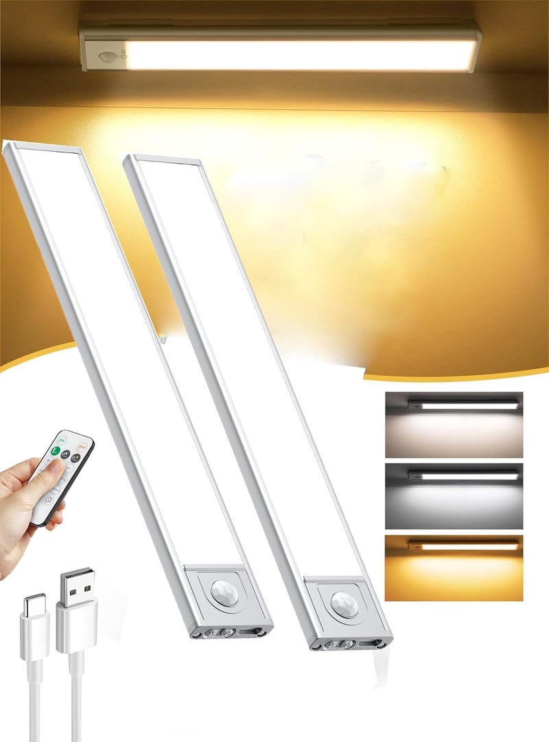 LED Motion Sensor Under Cabinet Light, 2 Pack Magnetic Rechargeable Under Counter Closet Lights, 3-Color Dimmable Night Light Bar for Kitchen, Staircase, Wardrobe, Hallway, Study Light - Image 1