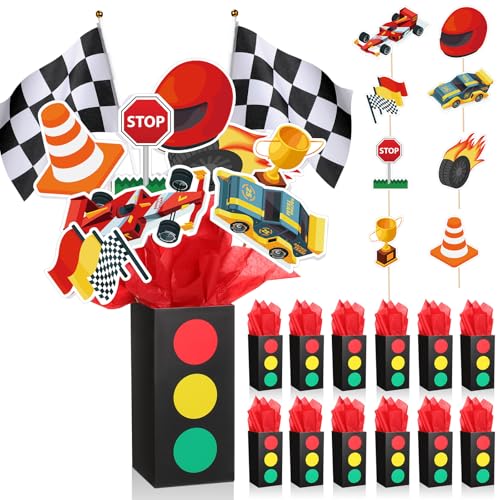 Saypacck 12 Sets Race Car Birthday Party Decorations Race Car Centerpieces for Tables with Traffic Boxes Themed Baby Shower Decoration Cutouts Checkered Flags for Birthday Theme Party Supplies - Image 1