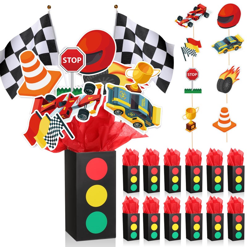 Saypacck 12 Sets Race Car Birthday Party Decorations Race Car Centerpieces for Tables with Traffic Boxes Themed Baby Shower Decoration Cutouts Checkered Flags for Birthday Theme Party Supplies - Image 3