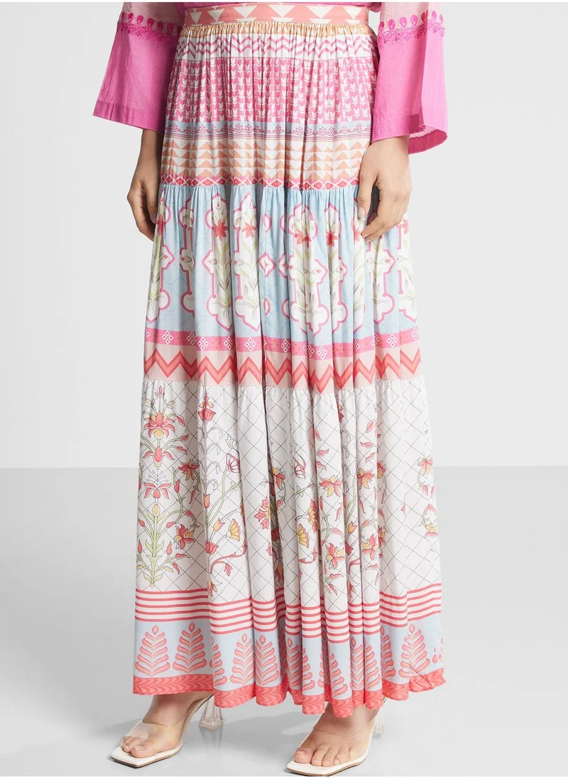 Nishat Linen Pleated Floral High Waist Skirt