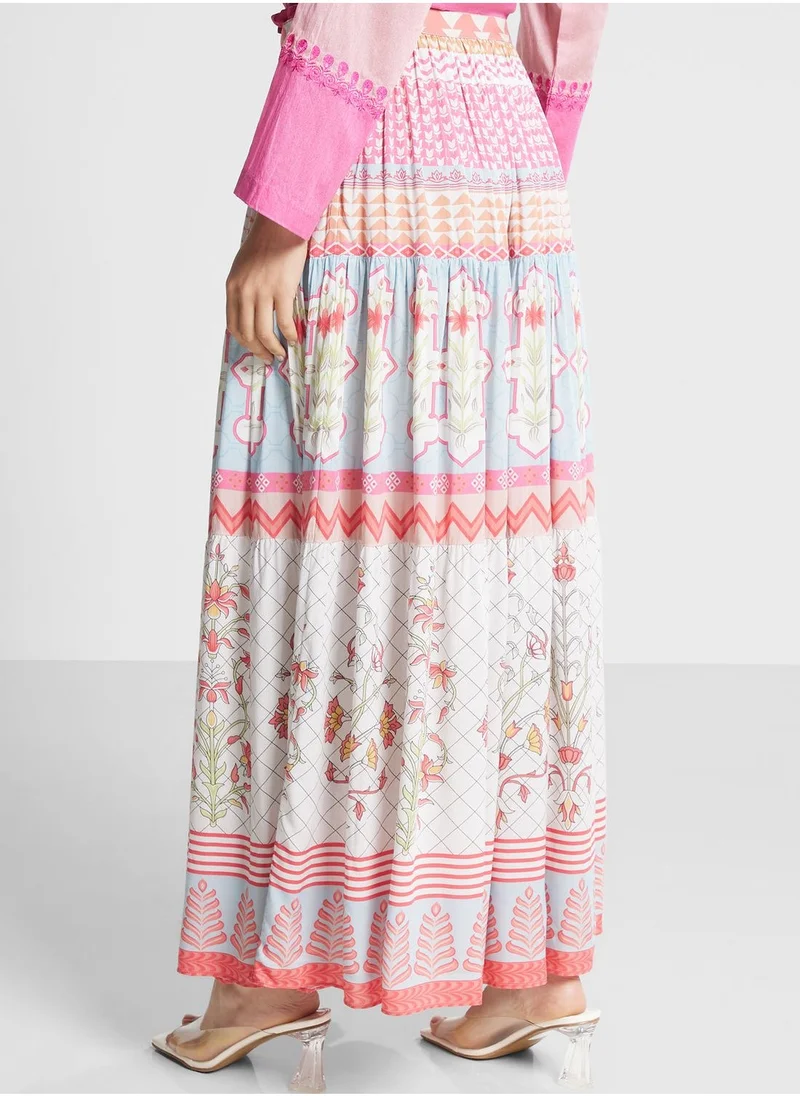 Nishat Linen Pleated Floral High Waist Skirt