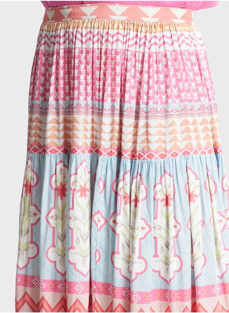 Nishat Linen Pleated Floral High Waist Skirt