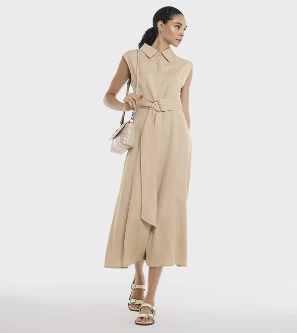 بي سي بي جي BCBG Linen Blend Plain Sleeveless Dress