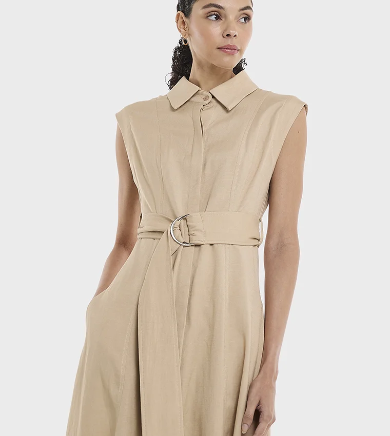 بي سي بي جي BCBG Linen Blend Plain Sleeveless Dress