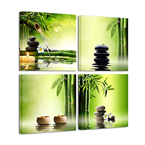 Pyradecor Modern 4 Panel Stretched Contemporary Zen Canvas Prints Perfect Bamboo Green Pictures on Canvas Wall Art for Home Office Decorations Living Room Bedroom - Image 1