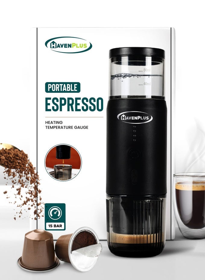 PORTABLE ESPRESSO MACHINE, 3-4 MIN SELF-HEATING, 15-BAR PRESSURE, FOOD-GRADE STAINLESS STEEL, 7500MAH BATTERYIDEAL FOR TRAVEL, CAR, HOME & OFFICECOMPATIBLE WITH NESPRESSO* & GROUND COFFEE.