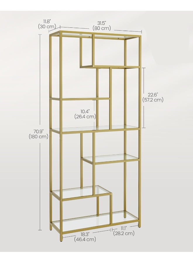 YINZUO Modern Gold Metal Frame Bookshelf with Glass Shelves Tiered Open Display Storage Rack for Living Room, Home Office, or Bedroom Decorative Freestanding Shelving Unit Organizer - Image 2