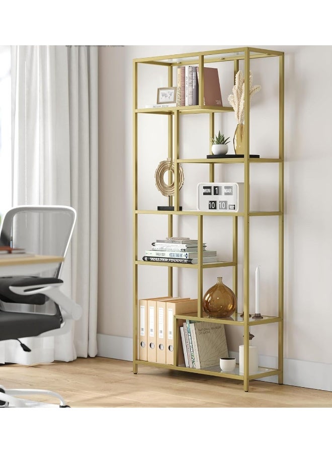 YINZUO Modern Gold Metal Frame Bookshelf with Glass Shelves Tiered Open Display Storage Rack for Living Room, Home Office, or Bedroom Decorative Freestanding Shelving Unit Organizer - Image 1