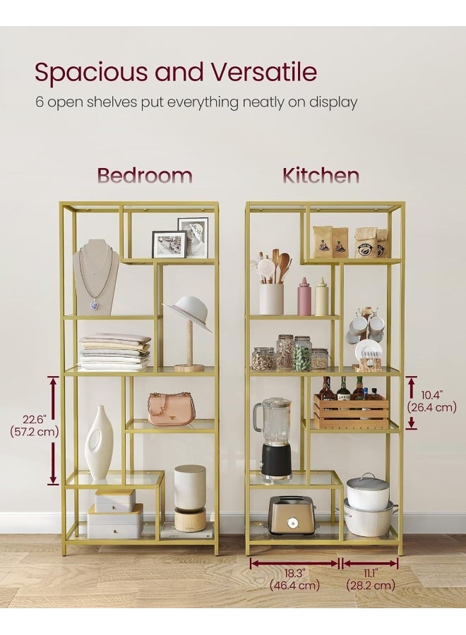YINZUO Modern Gold Metal Frame Bookshelf with Glass Shelves Tiered Open Display Storage Rack for Living Room, Home Office, or Bedroom Decorative Freestanding Shelving Unit Organizer - Image 5
