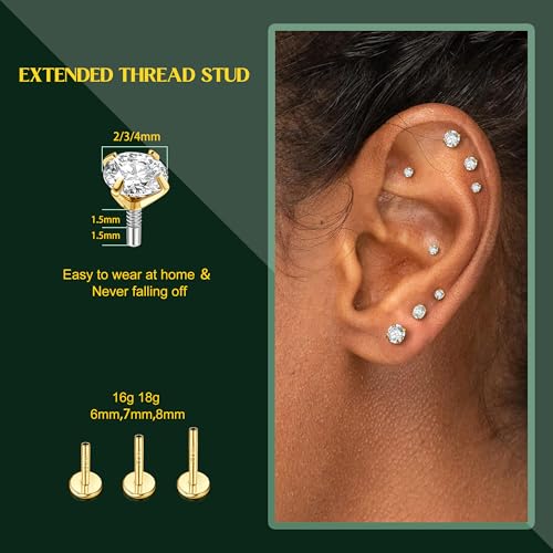 GEMQUEEN Flat Back Earrings Studs - 14K Gold Filled Internal Thread 18G 16G Piercing Jewelry for Cartilage Helix Tragus Hypoallergenic Labret Lip Conch Nose 316L Stainless Steel Stud for Women Men - Image 5